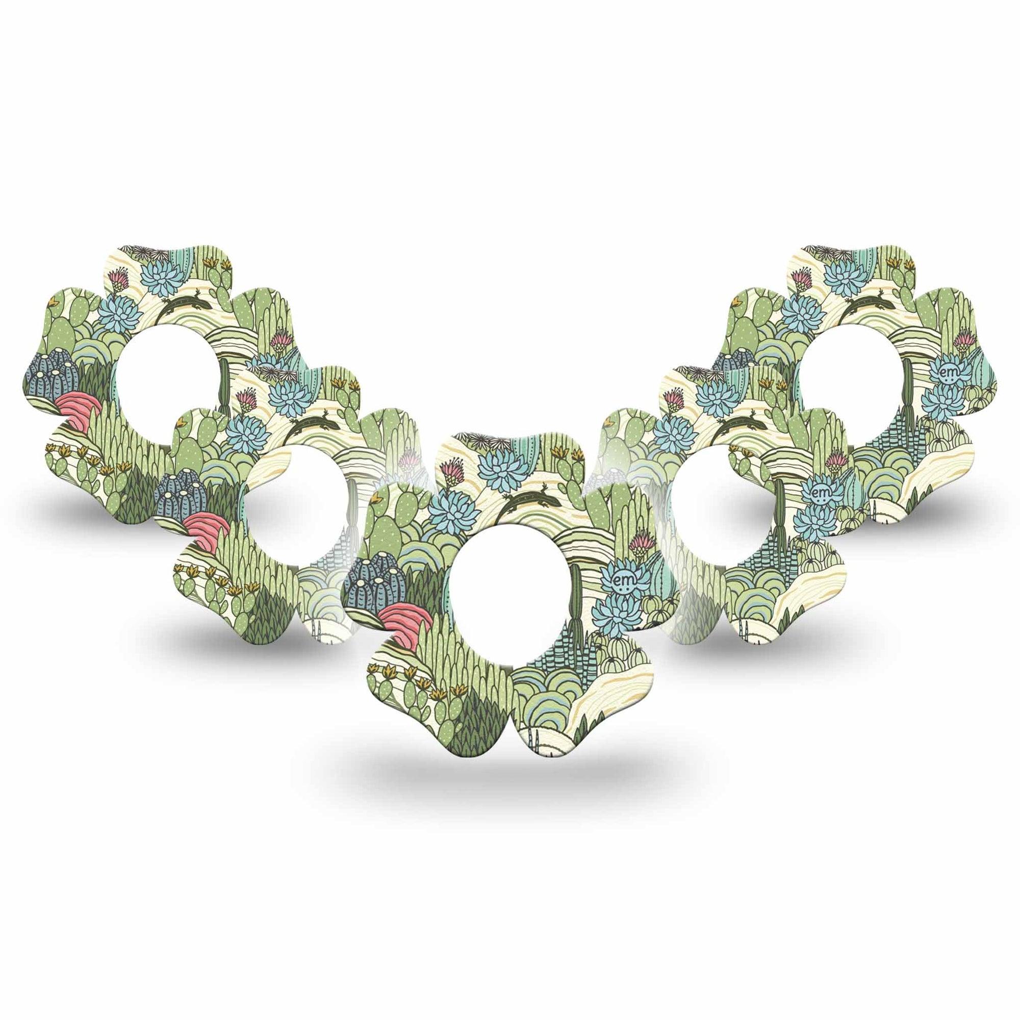 ExpressionMed Cactus Dexcom G7 Flower Shape Tape, Dexcom Stelo Glucose Biosensor System, 5-Pack Tape Green Teal Cactus Plants And Flowers, Adhesive Tape CGM Design