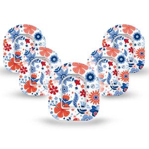 ExpressionMed July Flowers Omnipod Tape 5-Pack Tape and 5-Pack Sticker American Holiday Theme Adhesive Patch Pump Design