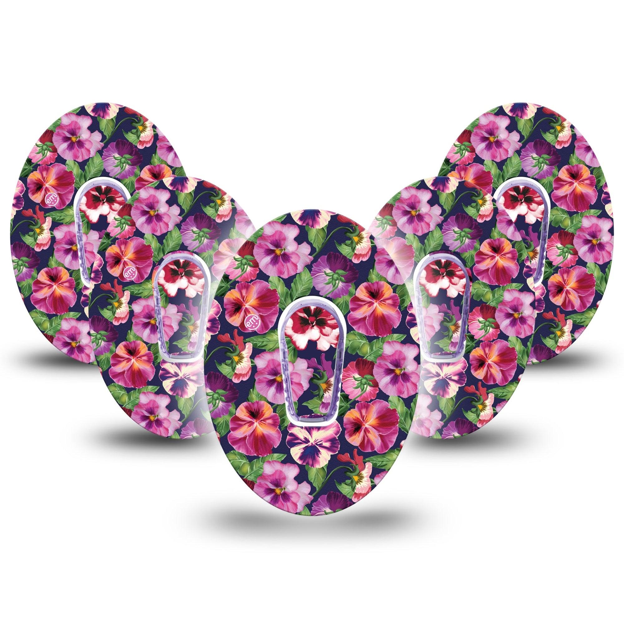 ExpressionMed Flower Girl Pansies Dexcom G6 Tape 5-Pack Tape and 5-Pack Sticker Shades of Pink Purple Pansy, Plaster CGM Design