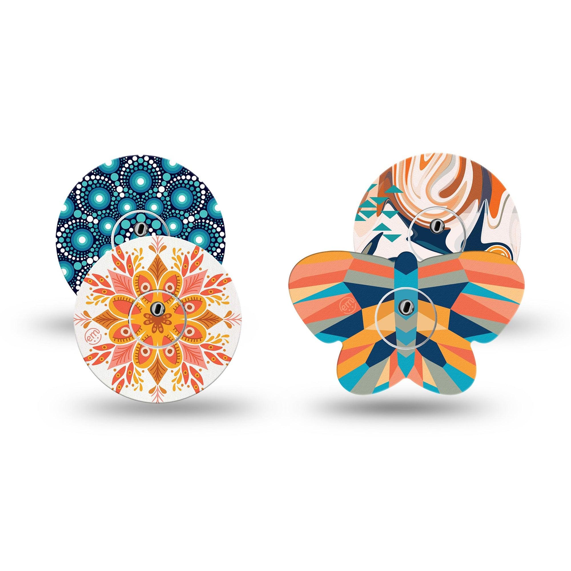 ExpressionMed Fractal Flight Variety Pack Freestyle Libre 3 and Libre 3 Plus Butterfly Shape Tape 4-Pack Tape and 4-Pack Sticker Variety Orange And Blue Asymmetrical Prints, Overlay Patch CGM Design