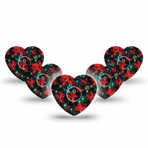 ExpressionMed Christmas Floral Freestyle Libre 3 and Libre 3 Plus Heart Shape Tape, 5-Pack Tape and 5-Pack Sticker Festive Poinsettia, Patch CGM Design