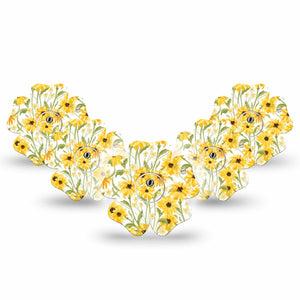 ExpressionMed Yellow Mosaic Floral Freestyle Libre 3 and Libre 3 Plus Flower Shape Tape 5-Pack Tape and 5-Pack Sticker Mustard Yellow Flower Plants, Plaster CGM Design