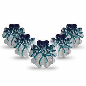 ExpressionMed Tentacles Freestyle Libre 3 and Libre 3 Plus Flower Shape Tape, 5-Pack Tape and 5-Pack Sticker Nautical Navy Teal, Overlay Tape CGM Design