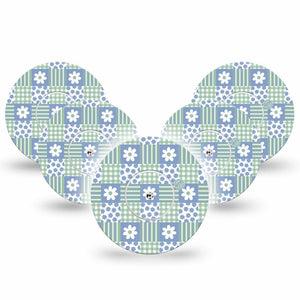 ExpressionMed Patchwork Flowers Freestyle Libre, Libre 2 Plus, and Abbott Lingo, 5-Pack Tape and 5-Pack Sticker Green blue patchwork Accessories for Continuous Glucose Monitor
