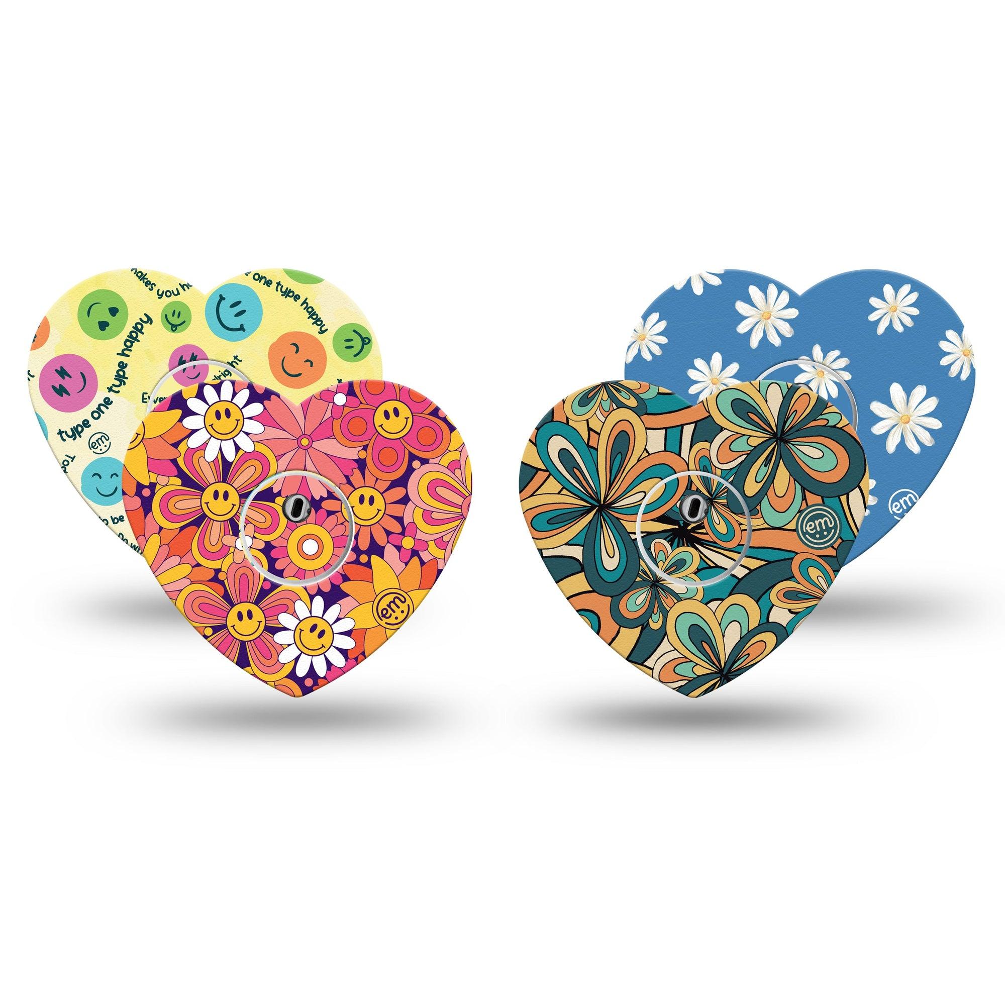 ExpressionMed Retro Rewind Freestyle Libre 3 Heart Shape Tape 4-Pack Tape & 4-Pack Stickers Variety Emoji Smile Faces and Retro Style Daisies Patch CGM Design