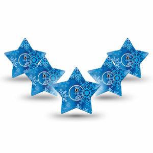 ExpressionMed Falling Snow Freestyle Libre 3 and Libre 3 Plus Star Shape Tape, 5-Pack Tape and 5-Pack Sticker Blue Snowflakes, Patch CGM Design