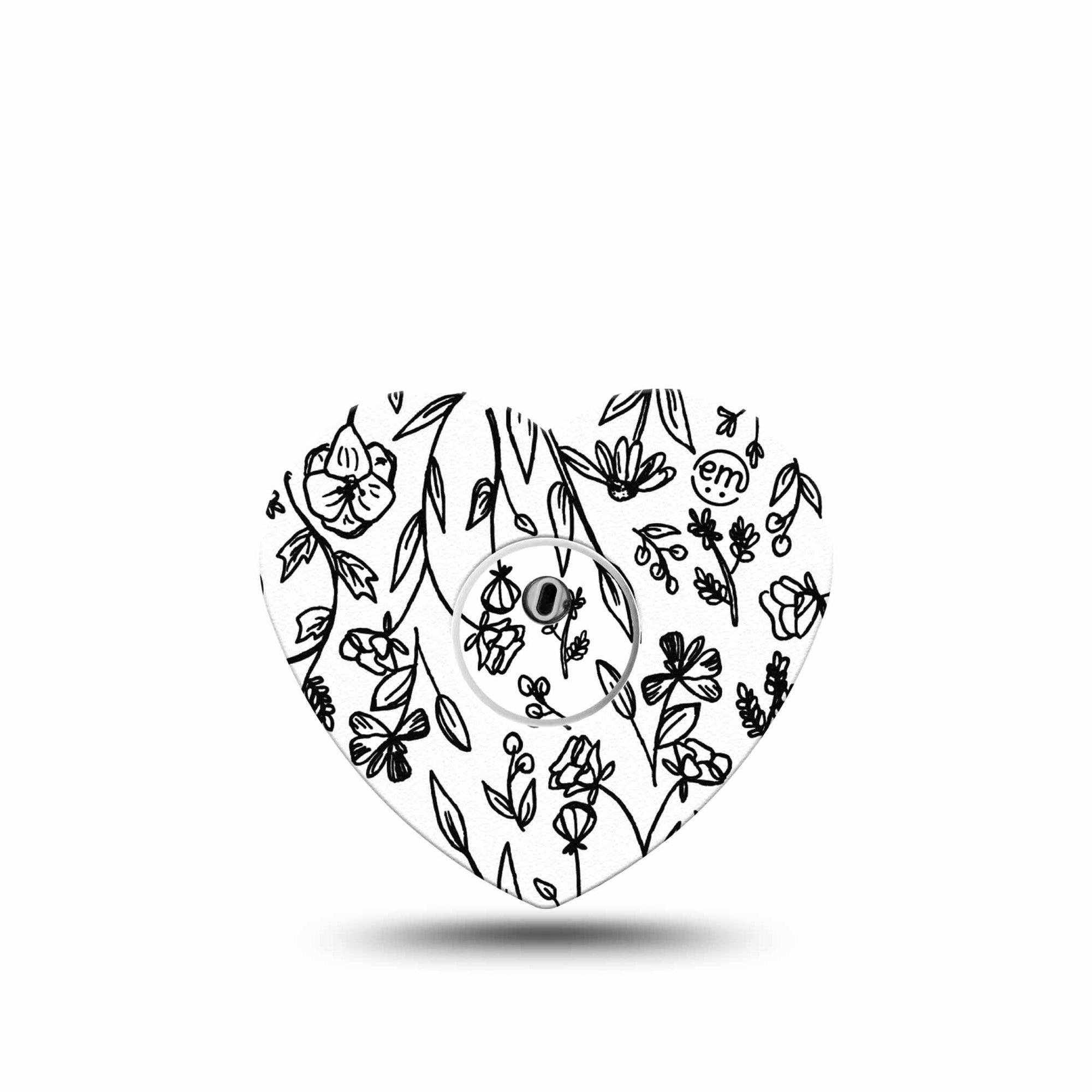 ExpressionMed Custom Black and White Floral Freestyle Libre 3 and Libre 3 Plus Heart Shape Tape Single Tape and Single Sticker Custom Flower Overlay Tape CGM Design