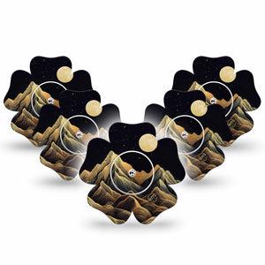 ExpressionMed Black Mountain Freestyle Libre 2 and Libre 2 Plus Flower Shape Tape, Abbott Lingo,  5-Pack Tape and 5-Pack Sticker Full Moon Mountains, Fixing Ring Tape CGM Design