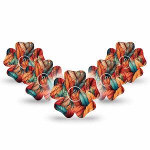 ExpressionMed Fall Leaf Feathers Freestyle Libre 3 Flower Shape Tape 5-Pack Tape and 5-Pack Sticker Orange Green Feather Mix Plaster CGM Design