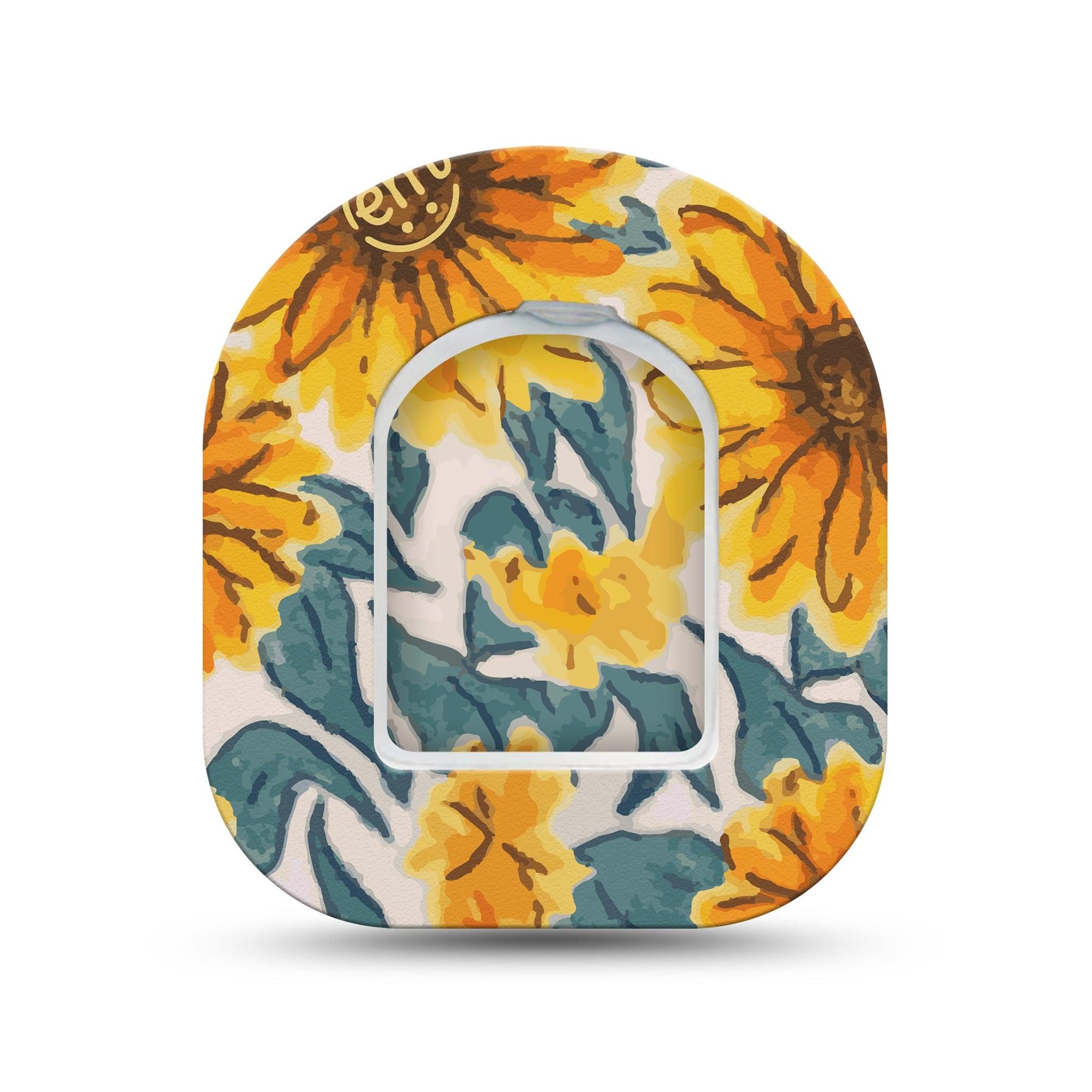 ExpressionMed Sunflower Omnipod Surface Center Sticker and Mini Tape Floral Bunch Themed Vinyl Sticker and Tape Design Pump Design