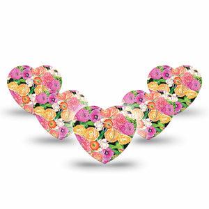 ExpressionMed Hand Painted Flowers Freestyle Libre 3 Heart Shape Tape 5-Pack Tape and 5-Pack Sticker Hand Drawn Flowers Patch CGM Design