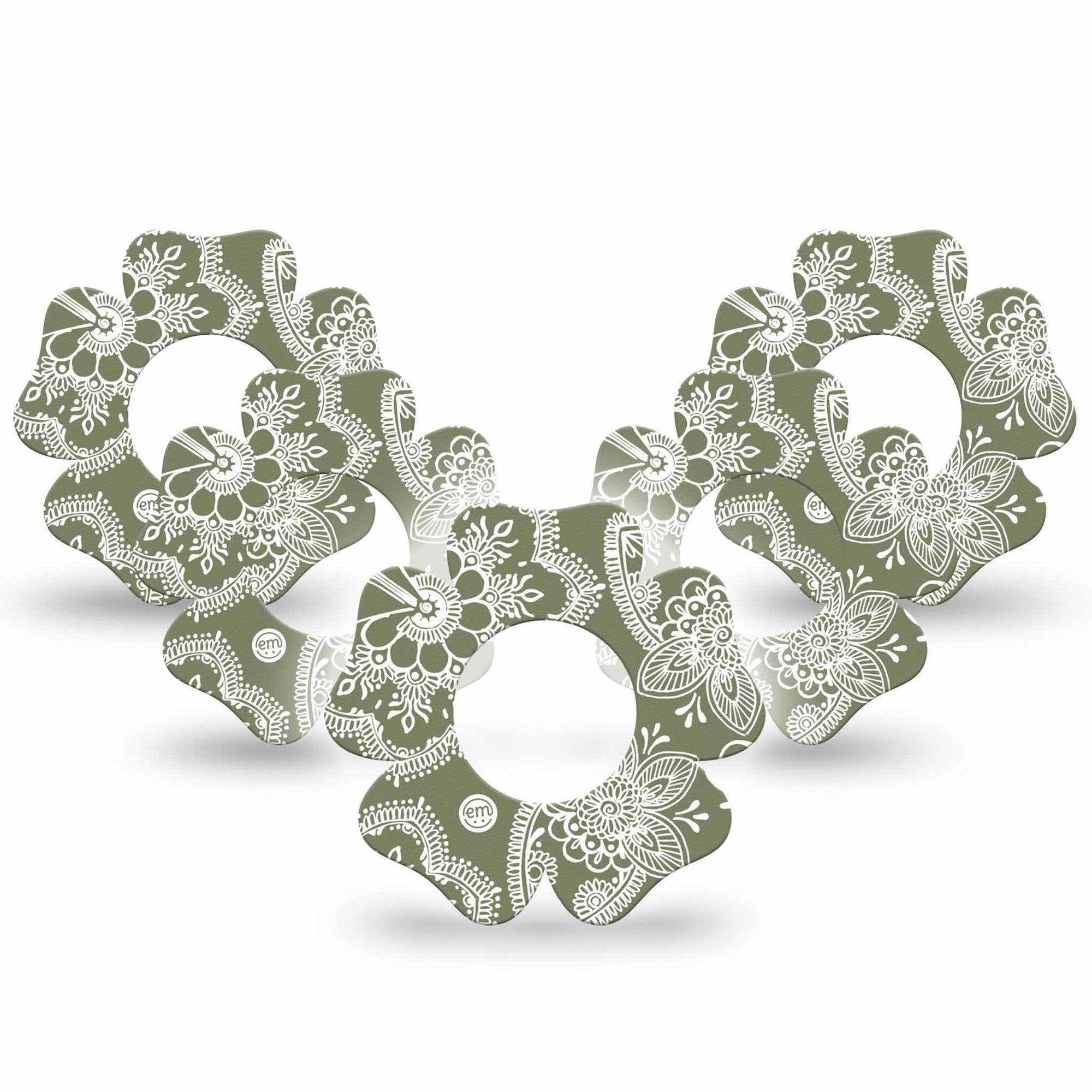 ExpressionMed Olive Henna Freestyle Libre 2 and Libre 2 Plus Flower Shape Tape, Abbott Lingo,  5-Pack Tape Olive Henna, Fixing Ring Tape CGM Design