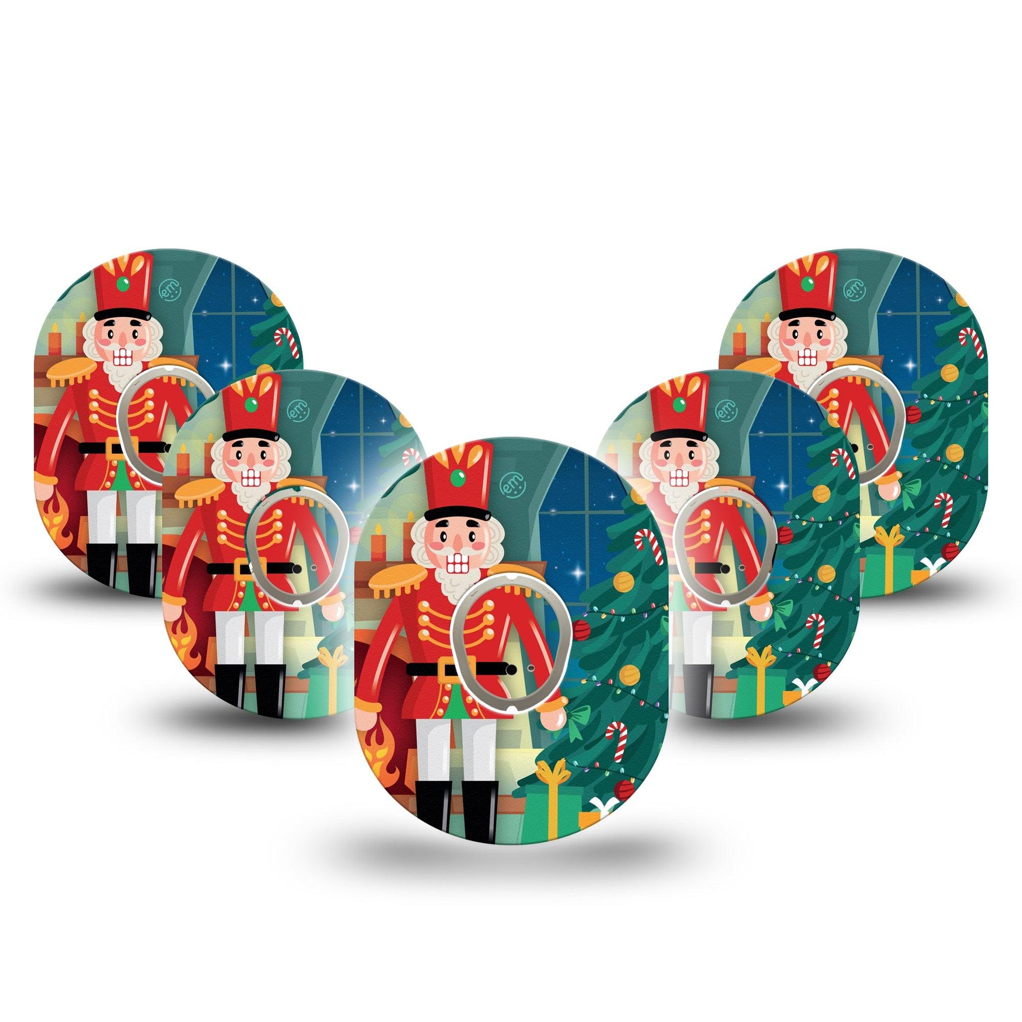 ExpressionMed Nutcracker Dexcom G7 Tape, Dexcom Stelo Glucose Biosensor System, 5-Pack Tape and 5-Pack Sticker Christmas Toy Soldier Theme, Overlay Tape Continuous Glucose Monitor Design