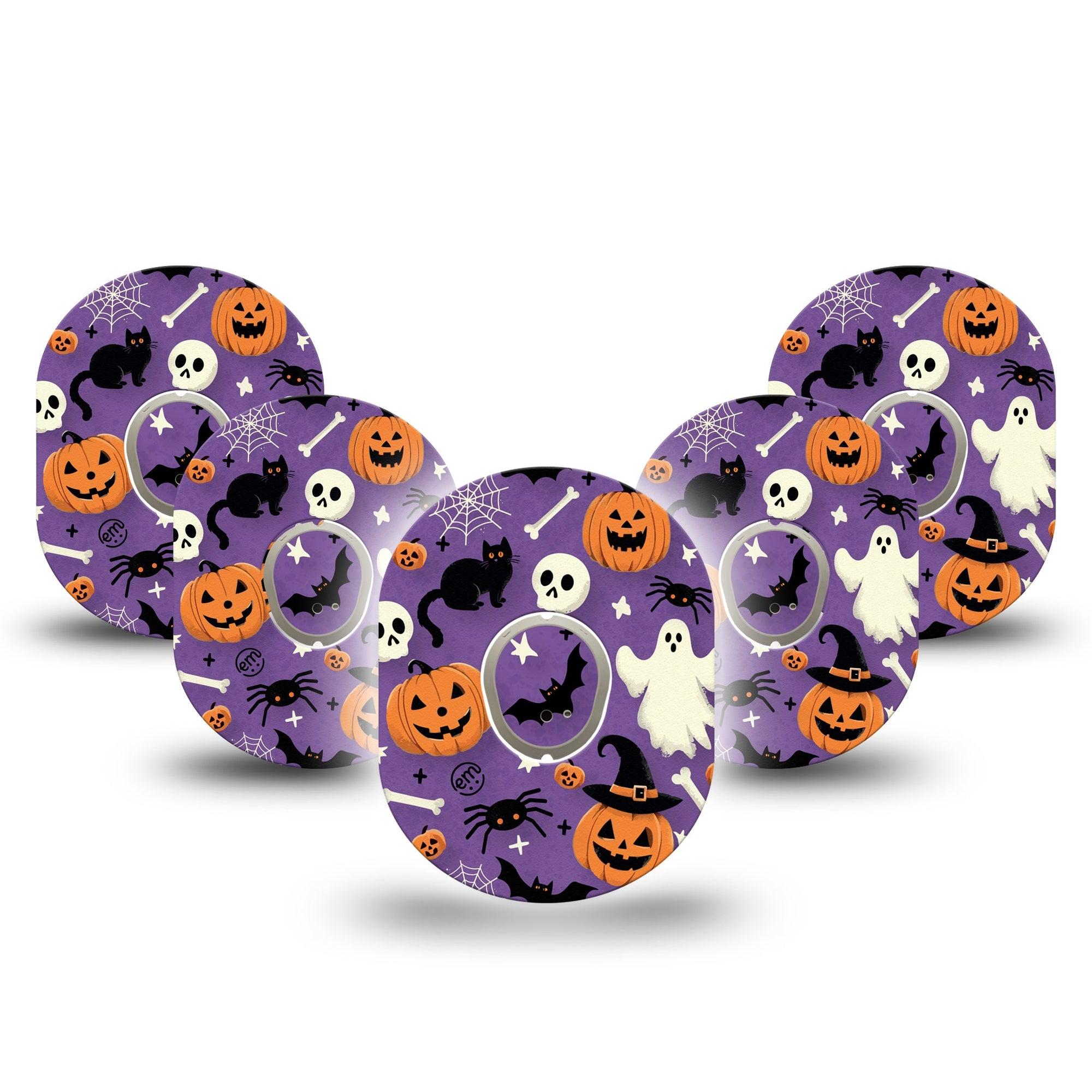 ExpressionMed Happy Halloween Dexcom G7 Tape, Dexcom Stelo Glucose Biosensor System,  5-Pack Tape and 5-Pack Sticker Bones Ghosts Pumpkins Items Overlay Tape Continuous Glucose Monitor Design