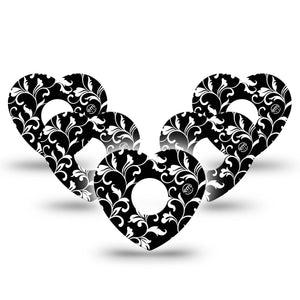 ExpressionMed Fleur de lis Freestyle Libre 3 Heart Shape Tape 5-Pack White and black stems Overlay Patch CGM Design