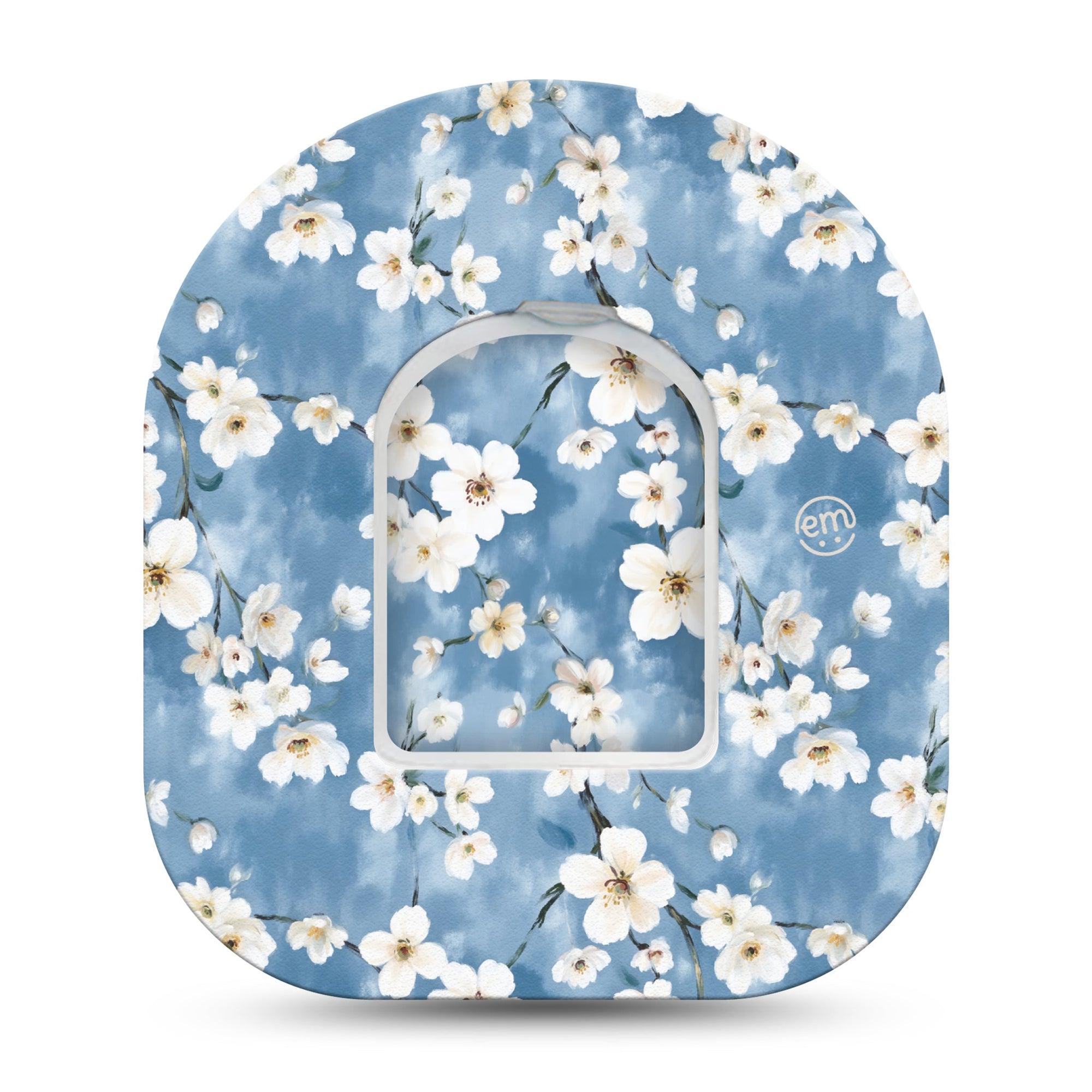 ExpressionMed Cherry Blossom Omnipod Tape Single Tape and Single Sticker Sky Blue White Flowers, Adhesive Patch Pump Design