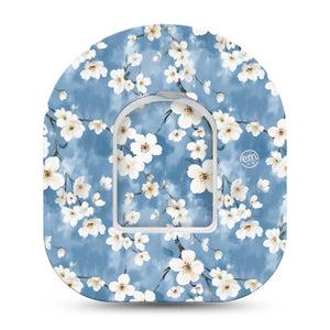 ExpressionMed Cherry Blossom Omnipod Tape Single Tape and Single Sticker Sky Blue White Flowers, Adhesive Patch Pump Design