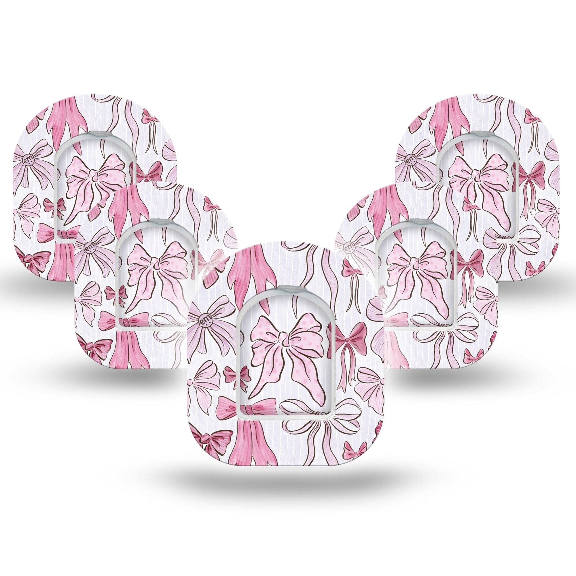 ExpressionMed Bows and Ribbons Omnipod Mini Tape 5-Pack Tape and 5-Pack Sticker Pink Fabric Ribbon Bow Inspired, Adhesive Tape Pump Design