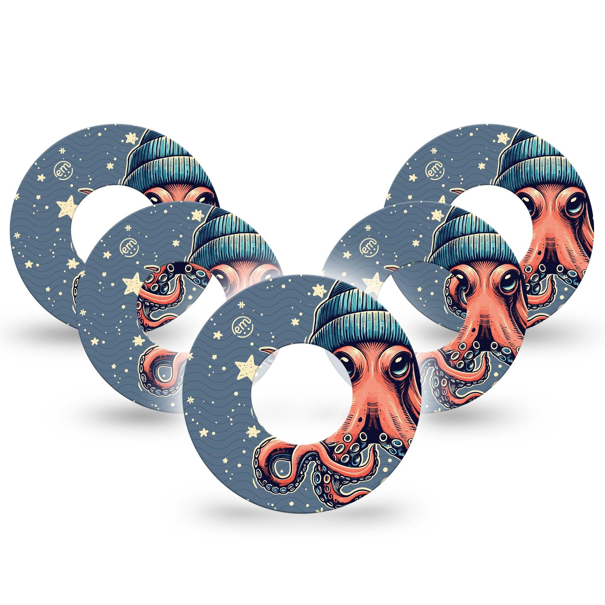 ExpressionMed Hipster Octopus Freestyle Libre Tape, Abbott Lingo,  5-Pack Imagitive Octopus Creature Fixing Ring Tape Continuous Glucose Monitor Design