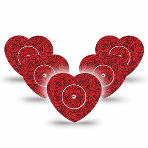 ExpressionMed Roses Freestyle Libre, Libre 2 Plus, and Abbott Lingo Heart, 5-Pack Tape and 5-Pack Sticker Red roses Plaster for Continuous Glucose Monitor
