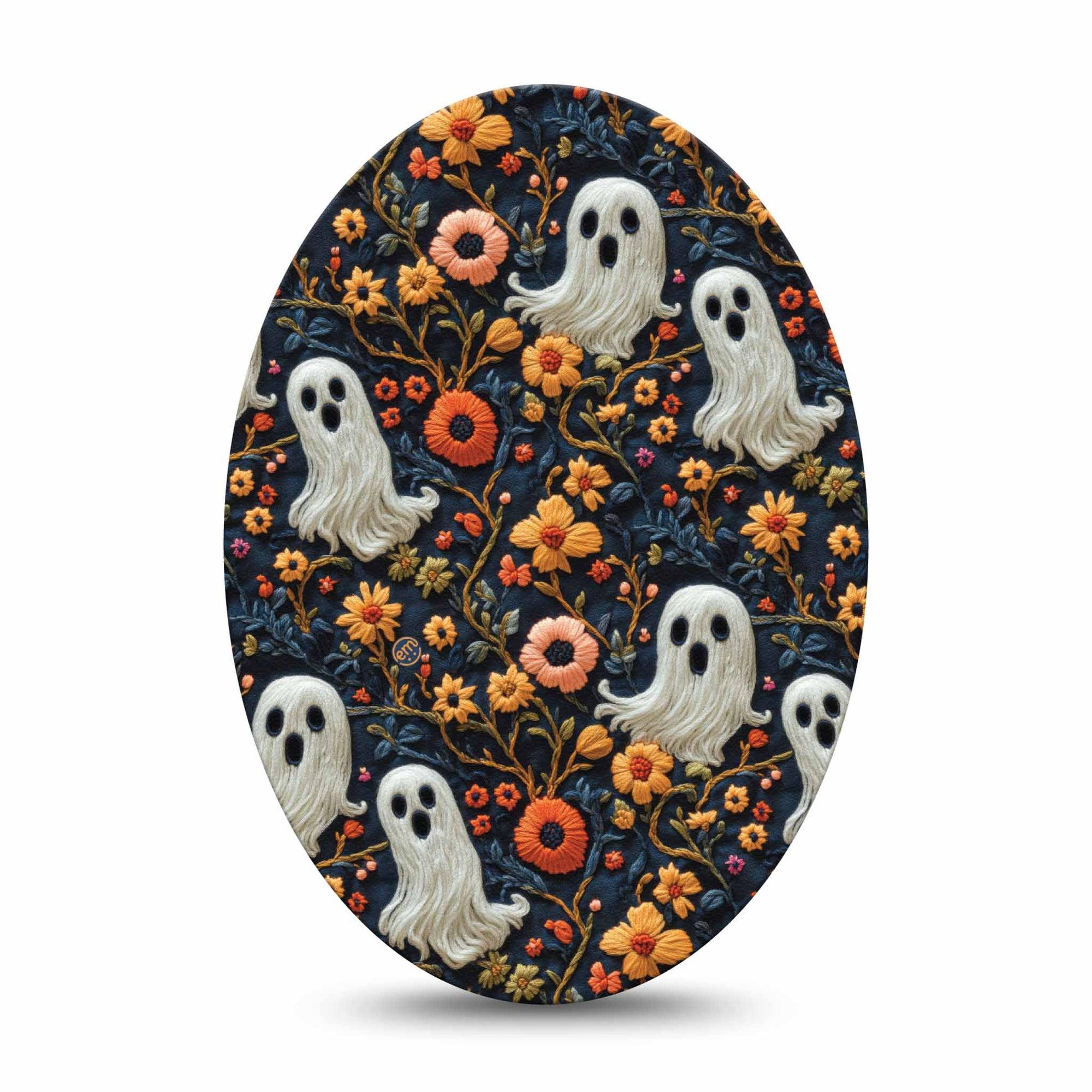 ExpressionMed Embroidered Ghost Medtronic Guardian Enlite Universal Oval, Single Tape Threaded Embroidery Inspired, Plaster CGM Design