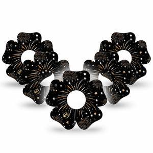 ExpressionMed New Years Fireworks Freestyle Libre 3 Flower Shape Tape 5-Pack Tape Gold Black Fireworks, Plaster CGM Design