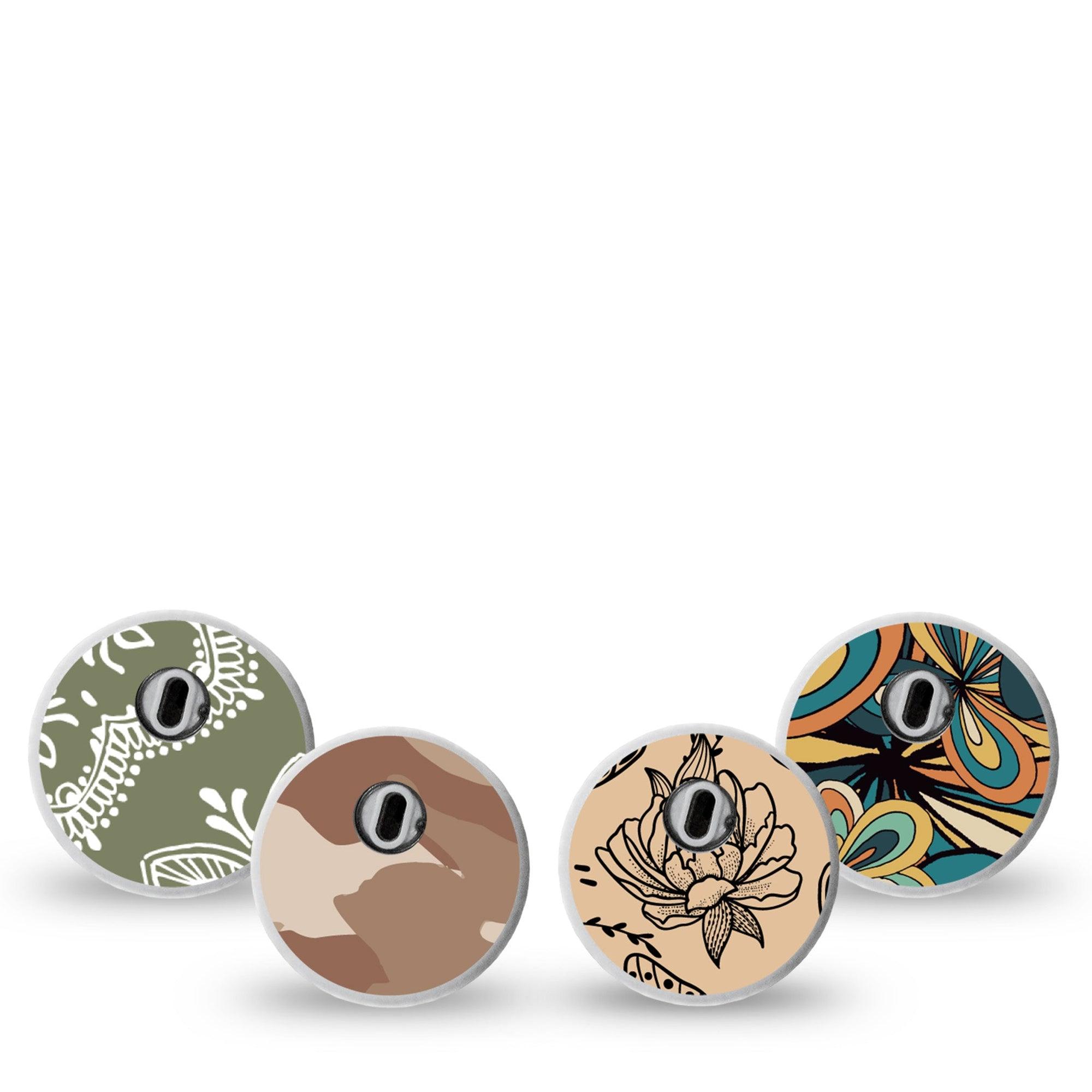 ExpressionMed Khaki Florals Variety Pack Freestyle Libre 3 and Libre 3 Plus Sticker 4-Pack Sticker Variety Edgy Earth Tone Patterns, Decorative Decal CGM Design