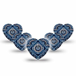 ExpressionMed Indigo Loomwork Freestyle Libre 3 and Libre 3 Plus Heart, 5-Pack Tape and 5-Pack Sticker Black blue tan geometric Adhesive Patch for Continuous Glucose Monitor