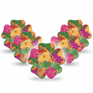 ExpressionMed Bright Hibiscus Freestyle Libre 2 and Libre 2 Plus Flower Shape Tape, Abbott Lingo, 5-Pack Tape and 5-Pack Sticker Radiant Beauty Plaster CGM Design