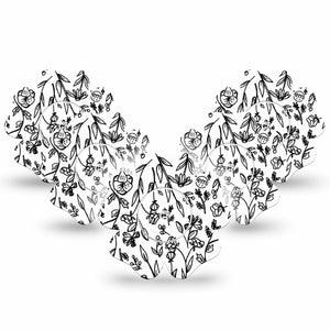 ExpressionMed Custom Black and White Floral Freestyle Libre 2 and Libre 2 Plus Flower Shape Tape, Abbott Lingo, 5-Pack Tape and 5-Pack Sticker Black White Art Plaster CGM Design