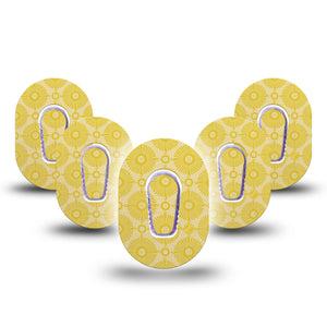 ExpressionMed Yellow Sundress Dexcom G6 Mini Tape, 5-Pack Tape and 5-Pack Sticker Golden Ornamental Sunbursts, Adhesive Tape CGM Design