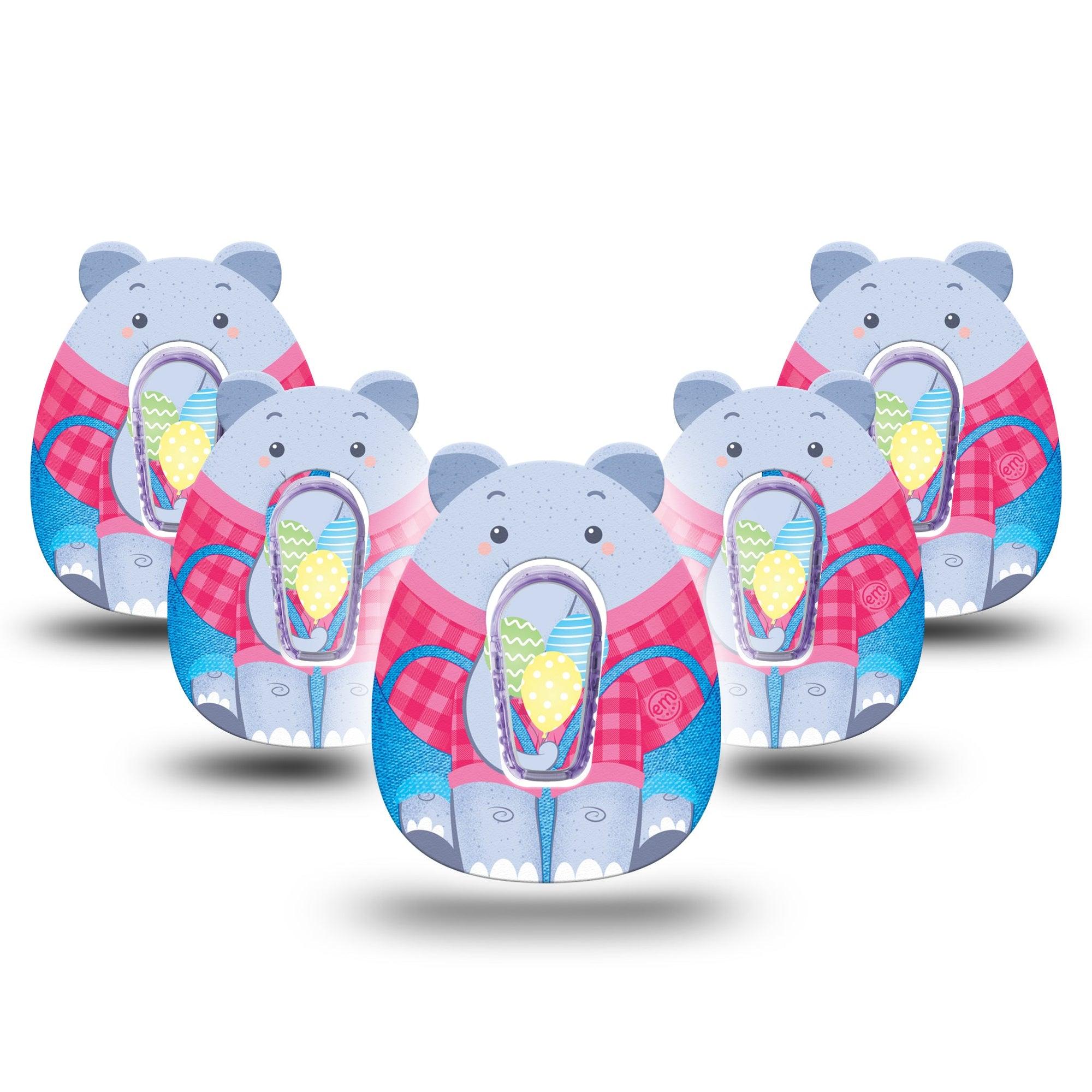 ExpressionMed Circus Elephant Dexcom G6 Gumdrop Shape Tape, 5-Pack Tape and 5-Pack Sticker Cute Sitting Elephant, Overlay Patch CGM Design