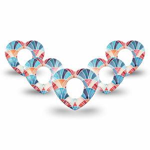 ExpressionMed Watercolor Fan Dexcom G7 and Dexcom Stelo Glucose Biosensor System Heart, 5-Pack Soft blue red tone fan pattern Waterproof Adhesive Tape for Continuous Glucose Monitor