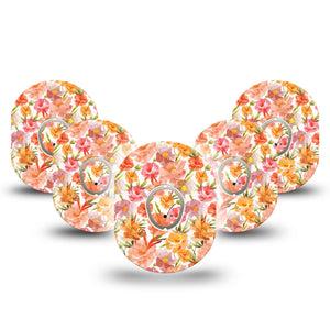 ExpressionMed Peach Dusk Dexcom G7 Tape, Dexcom Stelo Glucose Biosensor System, 5-Pack Tape and 5-Pack Sticker Pink Orange Flowers, Overlay Tape CGM Design