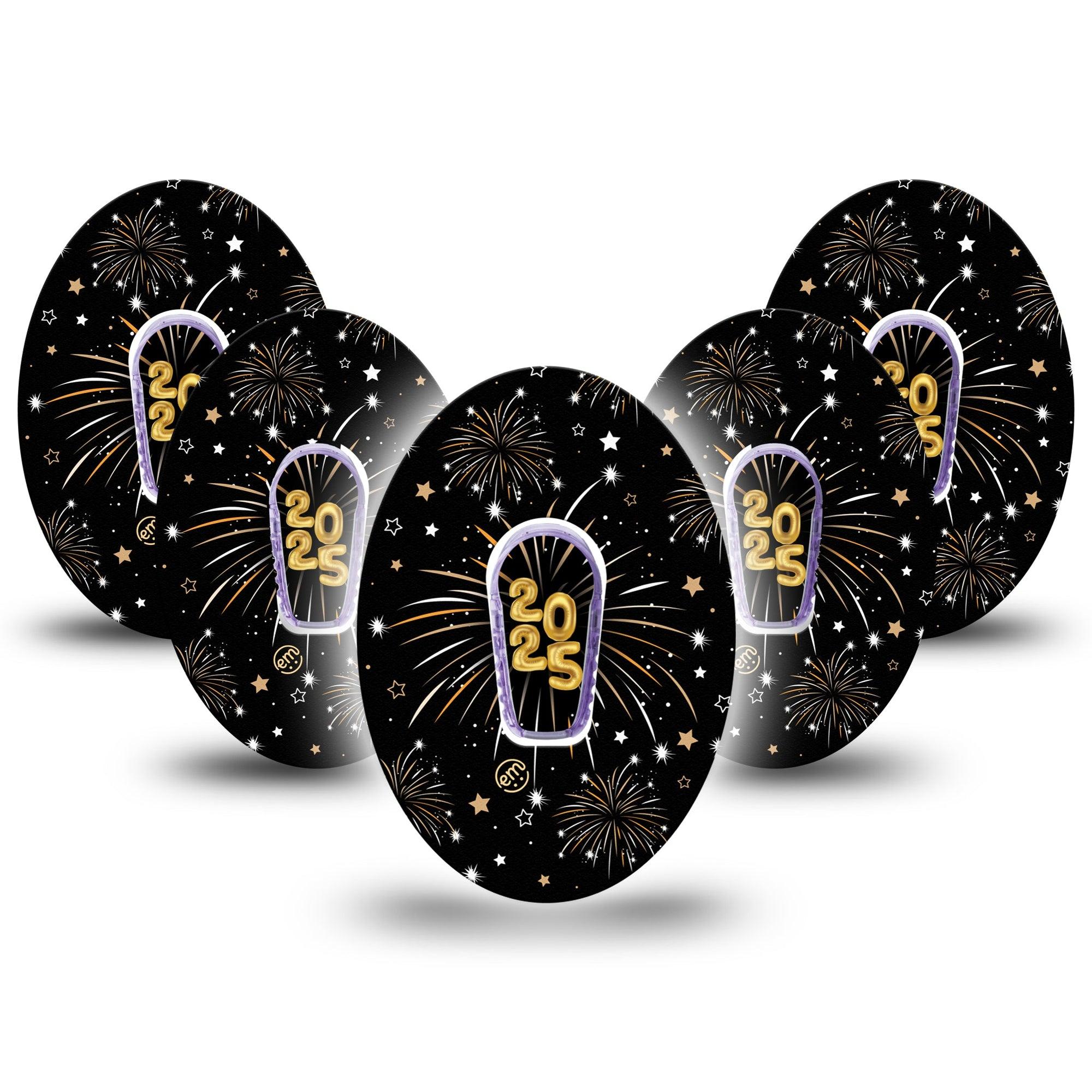 ExpressionMed New Years Fireworks Dexcom G6 Tape 5-Pack Tape and 5-Pack Sticker New Year Fireworks, Plaster Continuous Glucose Monitor Design