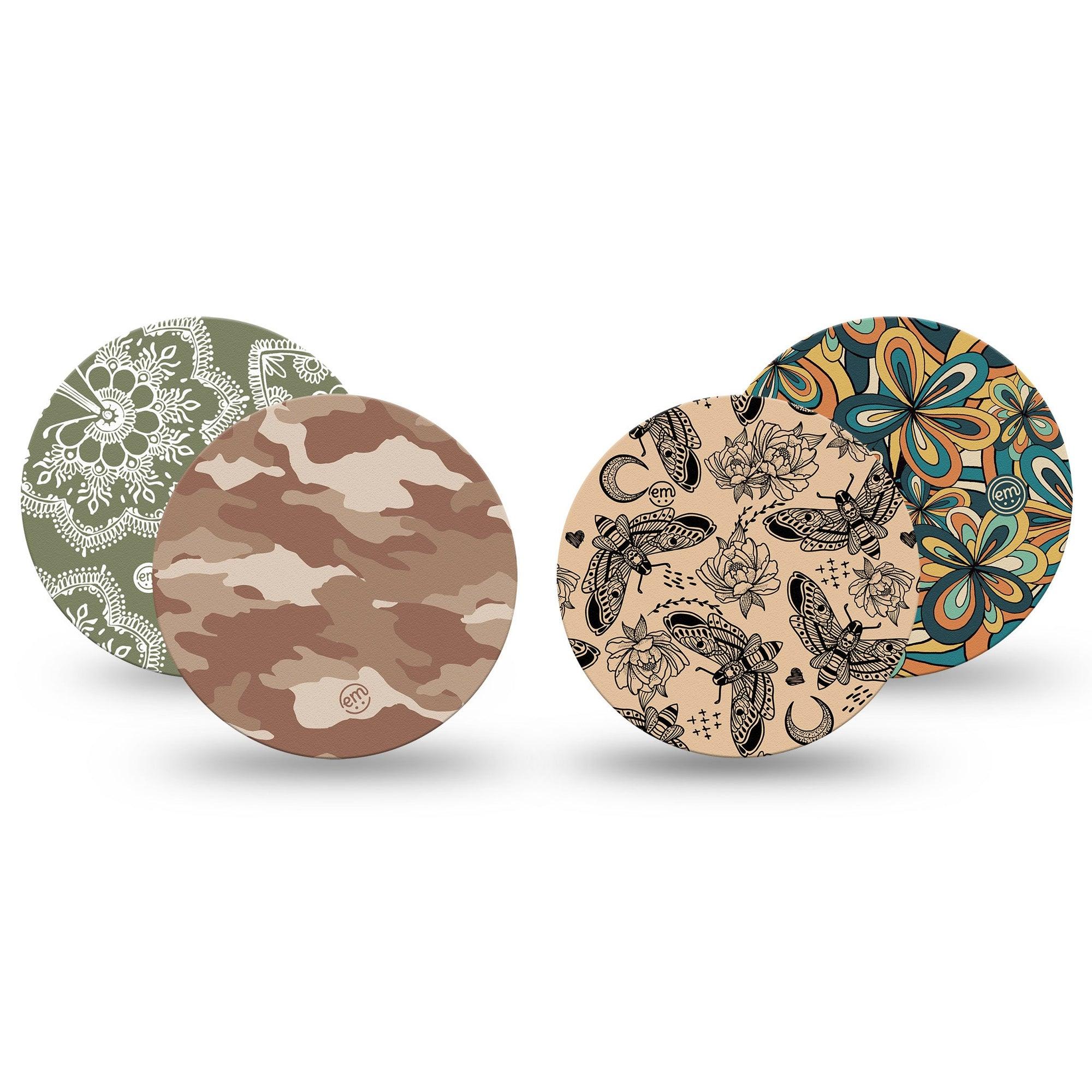 ExpressionMed Khaki Florals Variety Pack Freestyle Libre and Libre 2 Plus Overpatch, Abbott Lingo, 4-Pack Tape Variety Intricate Floral and Bug Patterns, Fixing Ring Patch CGM Design