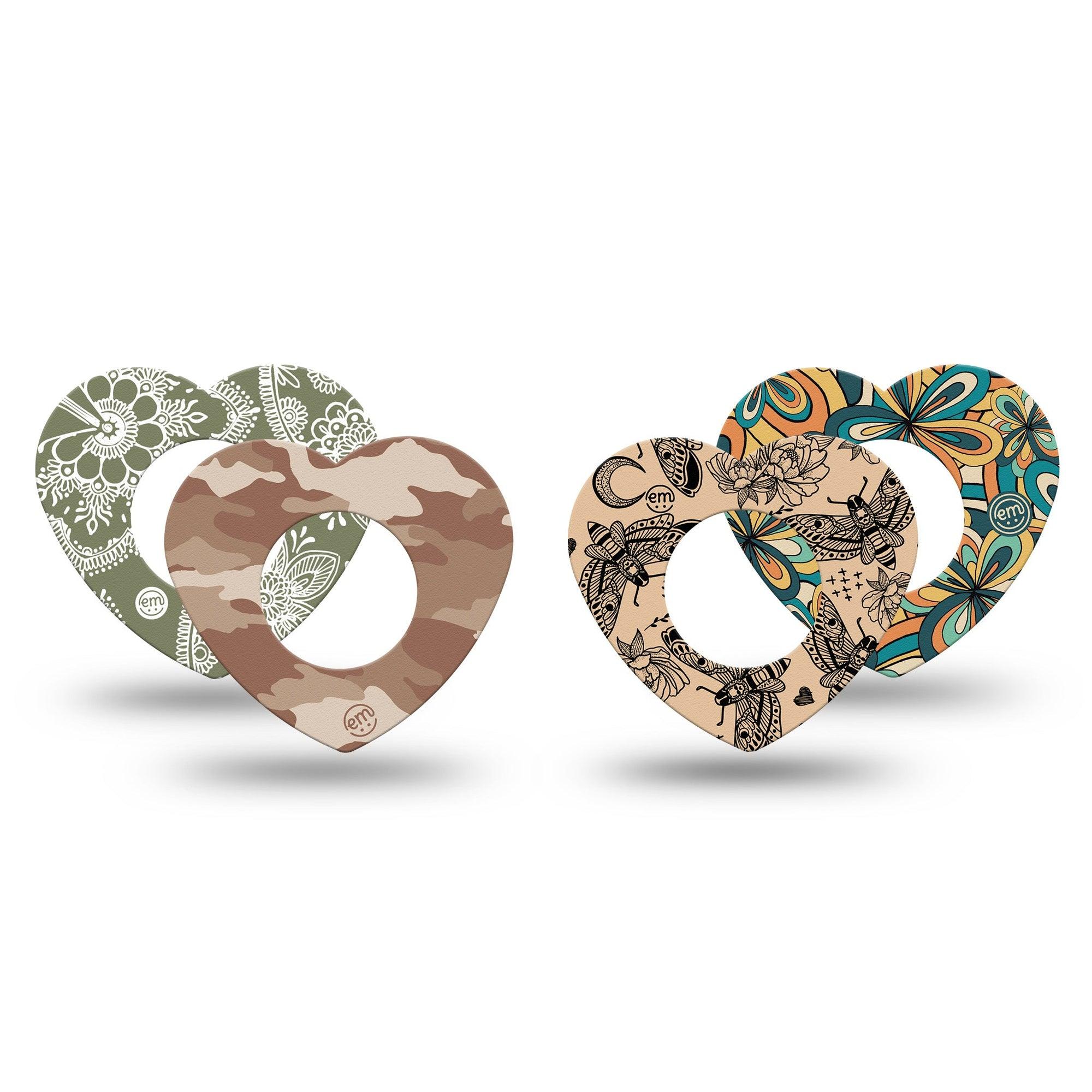 ExpressionMed Khaki Florals Variety Pack Freestyle Libre 2 and Libre 2 Plus Heart Shape Tape, Abbott Lingo,  4-Pack Tape Variety Moody Floral Camo Moth Pattern, Adhesive Patch CGM Design