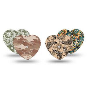 ExpressionMed Khaki Florals Variety Pack Freestyle Libre 2 and Libre 2 Plus Heart Shape Tape, Abbott Lingo, 4-Pack Tape and 4-Pack Sticker Variety Intricate Floral and Bug Patterns, Adhesive Patch CGM Design