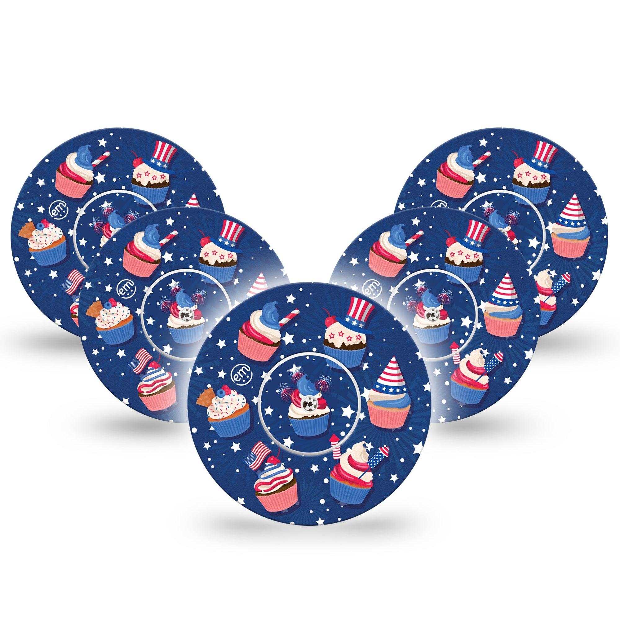 ExpressionMed Patriotic Cupcakes Freestyle Libre Tape, Abbott Lingo,  5-Pack Tape + 5-Pack Sticker Liberty Inspired Cupcakes Fixing Ring Tape Continuous Glucose Monitor Design