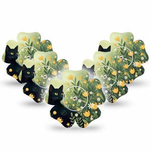 ExpressionMed Jungle Cat Freestyle Libre, Libre 2 Plus, and Abbott Lingo Flower, 5-Pack Tape and 5-Pack Sticker Yellow floral kitty Waterproof Plaster for Continuous Glucose Monitor