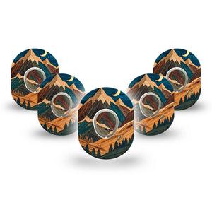 ExpressionMed Wood Mountains Dexcom G7 and Dexcom Stelo Glucose Biosensor System Mini, 5-Pack Tape and 5-Pack Sticker forest mountain style Sensor Cover for Continuous Glucose Monitor