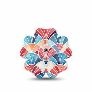 ExpressionMed Watercolor Fan Freestyle Libre 3 and Libre 3 Plus Flower, Single Tape and Single Sticker Soft blue red tone fan pattern Adhesive Tape for CGM