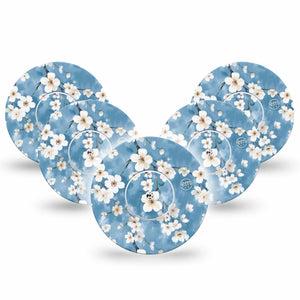 ExpressionMed Cherry Blossom Freestyle Libre and Libre 2 Plus Tape, Abbott Lingo, 5-Pack Tape and 5-Pack Sticker Dainty White Blossoms, Fixing Ring Tape Continuous Glucose Monitor Design