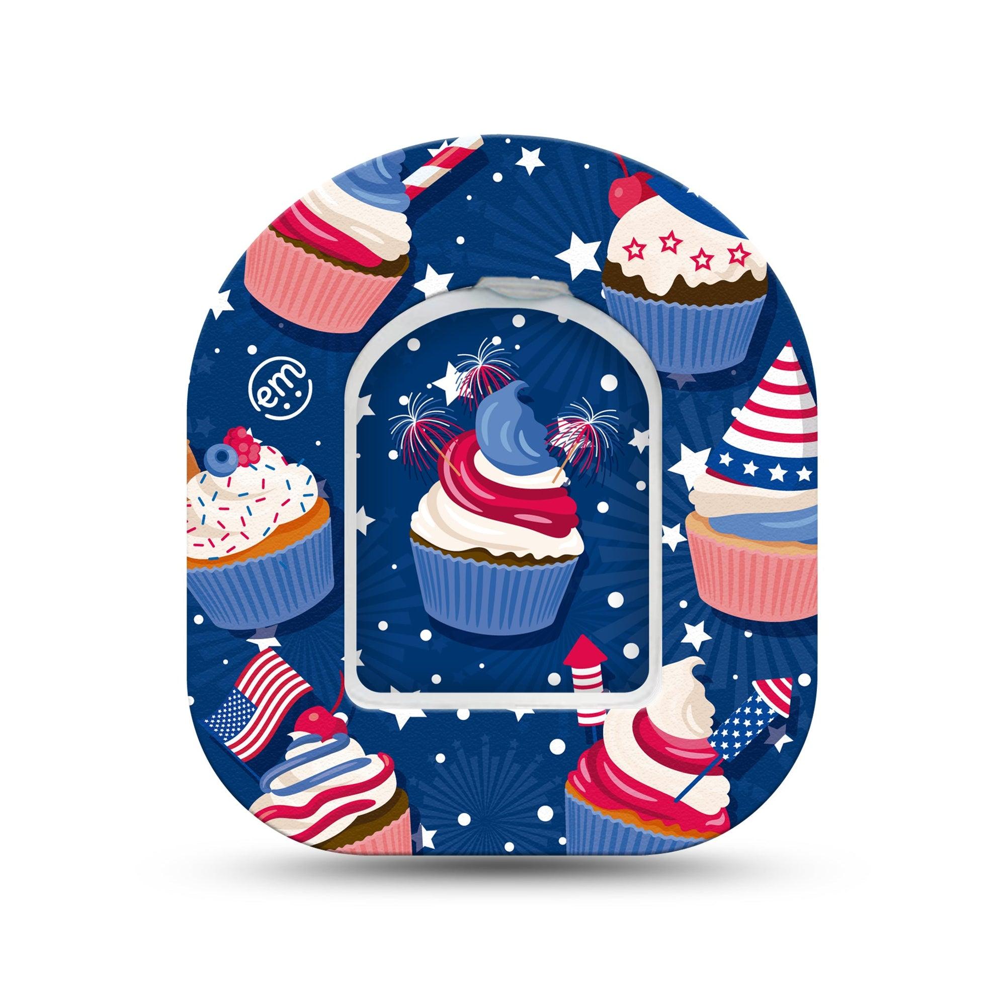 ExpressionMed Patriotic Cupcakes Omnipod Sticker Pod Surface Center Sticker Single Sticker with matching Single Pod Tape July 4th Cupcakes Vinyl Decoration Pump design