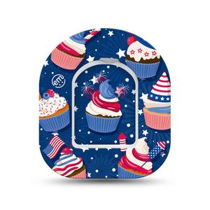 ExpressionMed Patriotic Cupcakes Omnipod Sticker Pod Surface Center Sticker Single Sticker with matching Single Pod Tape July 4th Cupcakes Vinyl Decoration Pump design