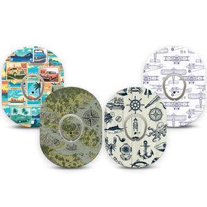 ExpressionMed Vintage Voyager Variety Pack Dexcom G7 Tape, Dexcom Stelo Glucose Biosensor System, 4-Pack Tape and 4-Pack Stickers Variety Maps and Blueprints, Overlay Tape CGM Design