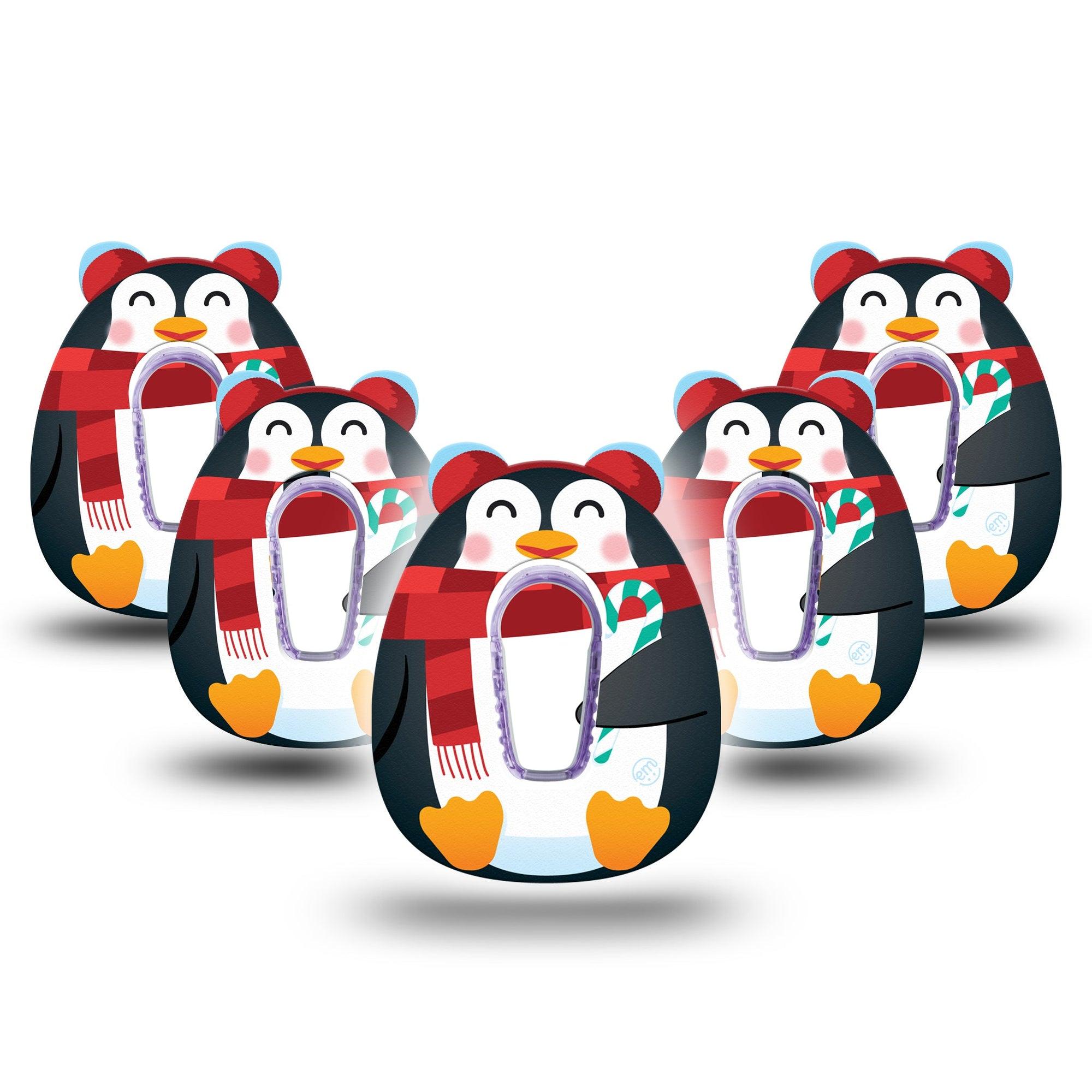 ExpressionMed Happy Penguin Dexcom G6 Gumdrop Shape Tape, 5-Pack Tape and 5-Pack Sticker Holiday-Themed Penguin, Overlay Patch CGM Design