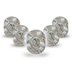 ExpressionMed Cranes Dexcom G7 and Dexcom Stelo Glucose Biosensor System Mini, 5-Pack Tape and 5-Pack Sticker Large white bird Sensor Cover for Continuous Glucose Monitor