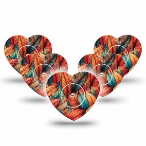 ExpressionMed Fall Leaf Feathers Freestyle Libre 2 Heart Shape Tape, Abbott Lingo,  5-Pack Tape and 5-Pack Sticker Orange Green Feather Mix Adhesive Patch CGM Design