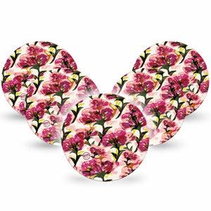 ExpressionMed Maroon Flowers Freestyle Libre and Libre 2 Plus Overpatch, Abbott Lingo, 5-Pack Tape Wispy Red Flowers, Fixing Ring Patch CGM Design